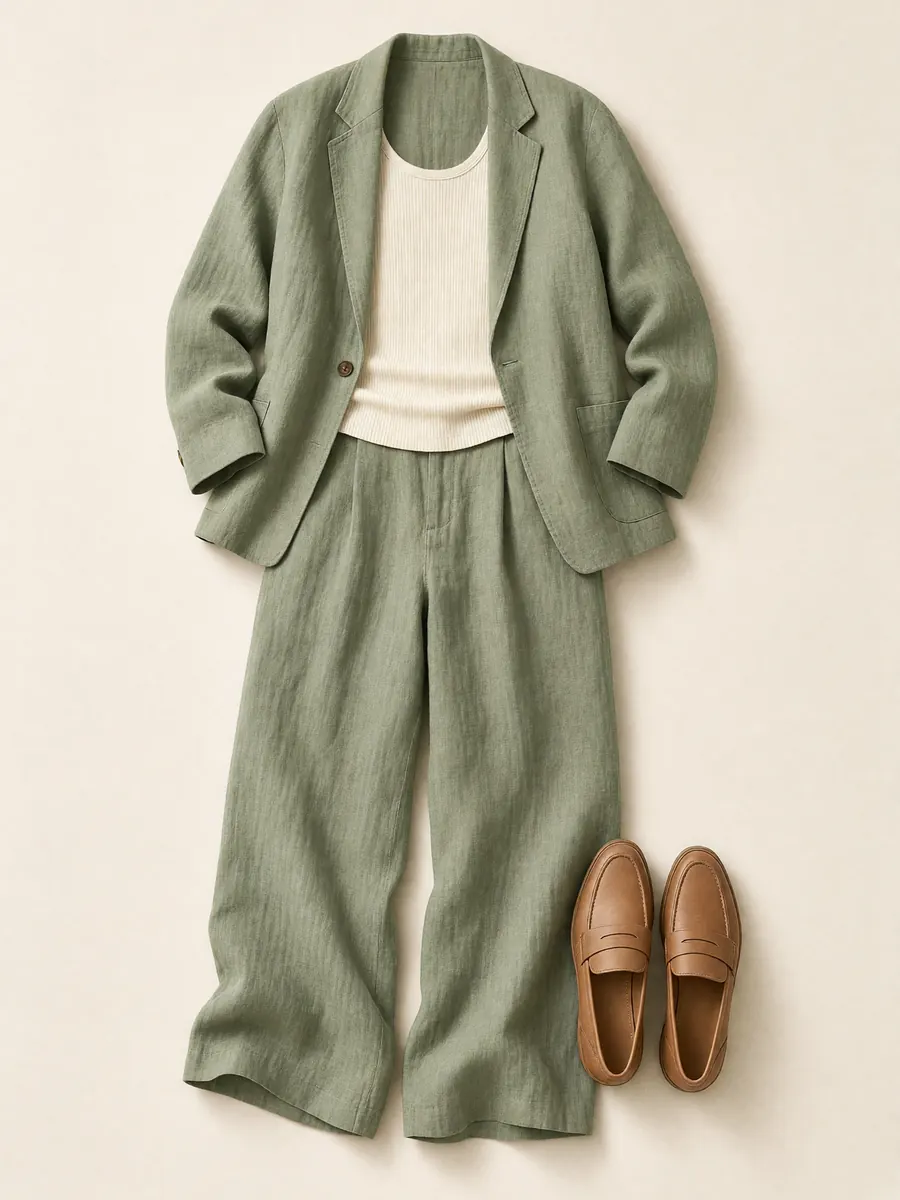 A sage-green linen blazer and trousers laid flat with a cream tank top and tan loafers