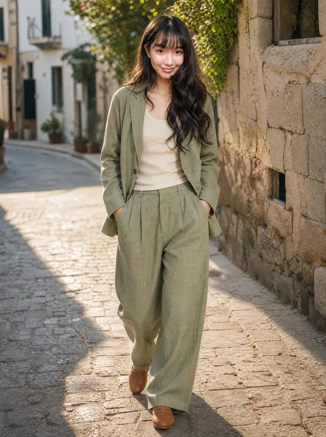 The same woman wearing the sage-green linen outfit on a sunlit street