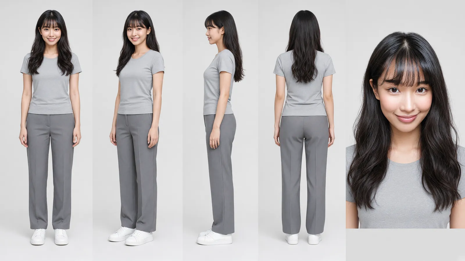 A character sheet of the same woman from five angles